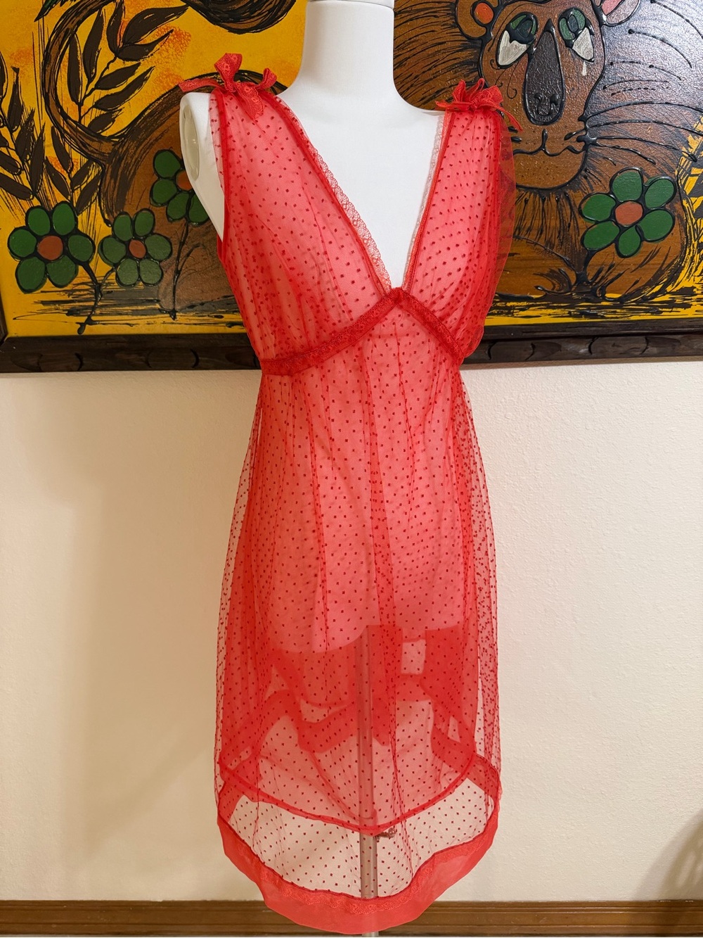 1960s Vintage Lisette Red Swiss Dot Sheer Peignoir Babydoll Nightgown – Medium